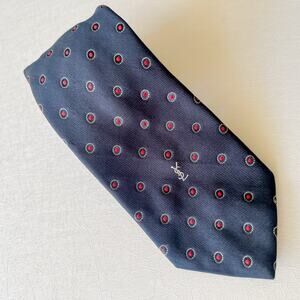 VTG Yves Saint Laurent Mens 100 Silk Tie Navy & Red Dots, Embroidered Logo EUC